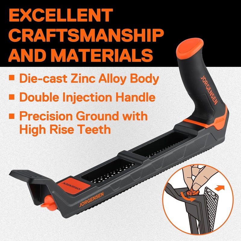 Jorgensen Wood Plane, Professional Surform Plane, Zinc Alloy Die Casting Body, 65MN Sharp Blade, Wood Shaver Tool for Woodworking Rasp - Ergonomic Soft Grip Handle - Image 2